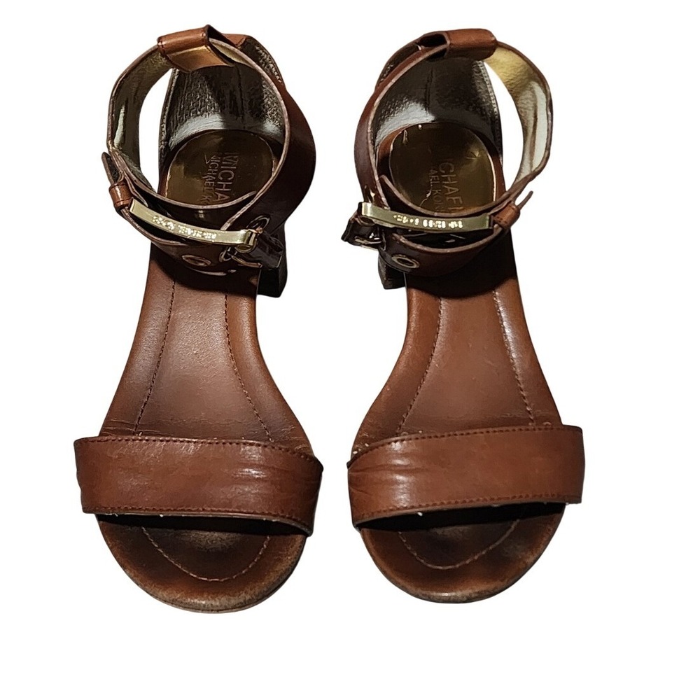 Michael Kors Leather Sandal Ankle Strap Brown Block Chunky Heels 7M - Picture 2 of 9